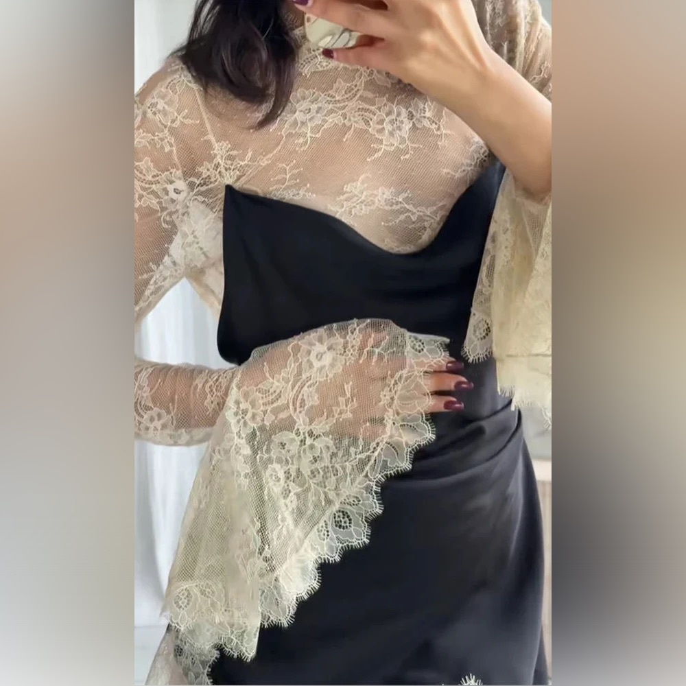 Luxurious Black satin and ivory cream lace contrast mini dress long sleeve - Picture 8 of 8